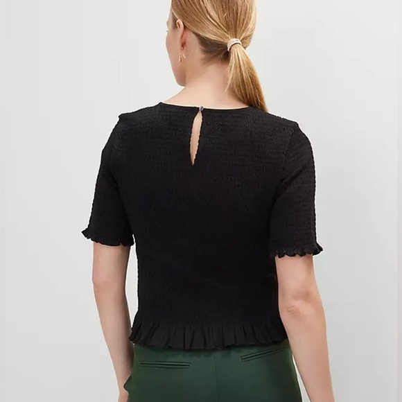 NWT, Ann Taylor Smocked Ruffle Trimmed Short Sleeve Shirt, Black, Size XS - Picture 2 of 8